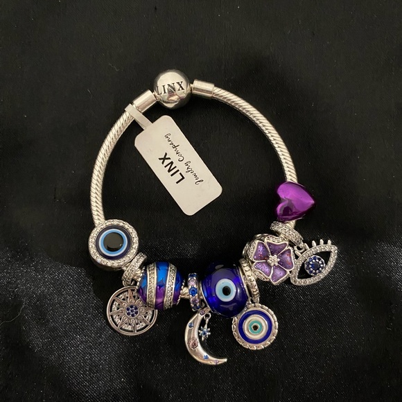 Linx Snake Chain Bracelet with Purple and Blue Evil Eye Themed Charms